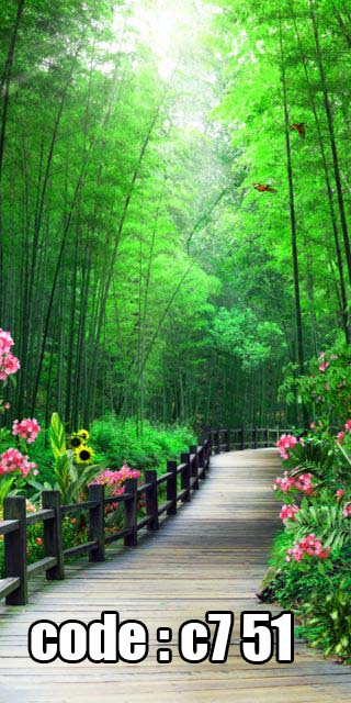 پوستر دیواری سه‌بعدی مسیر چوبی در جنگل بامبو سبز