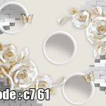 پوستر دیواری سه‌بعدی گل‌های رز سفید طلایی با قاب‌های دایره‌ای مدرن