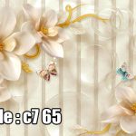 پوستر دیواری سه‌بعدی گل‌های کرم طلایی با پروانه‌های ظریف و حلقه‌های شفاف