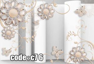 پوستر دیواری سه‌بعی گل و پروانه نگین‌دار | جلوه‌ای مجلل در دکوراسیون لوکس