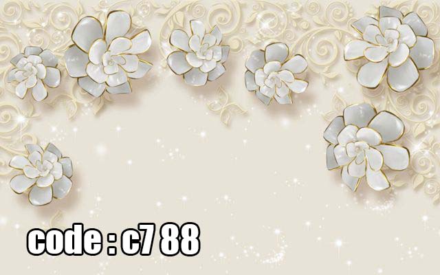 پوستر دیواری سه‌بعدی گل‌های صدفی سفید با حاشیه طلایی و نقوش اسلیمی لوکس