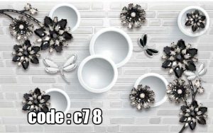 پوستر دیواری سه‌بعدی گل نگین‌دار مشکی و نقره‌ای با زمینه آجری | دکوراسیون مدرن و لوکس