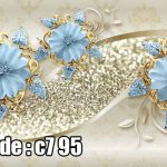 پوستر دیواری سه‌بعدی گل‌های کریستالی آبی با قاب طلایی لوکس