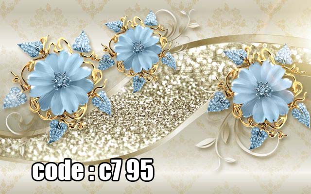 پوستر دیواری سه‌بعدی گل‌های کریستالی آبی با قاب طلایی لوکس