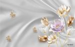 پوستر دیواری گل سه‌بعدی سفید و طلایی با پروانه