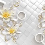 پوستر دیواری گل سه بعدی سفید و طلایی با حلقه‌های مدرن و کریستال