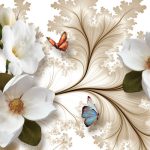 پوستر دیواری گل سفید و پروانه با زمینه کرم