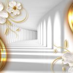 پوستر دیواری گل سفید طلایی سه‌بعدی با راهروی مدرن