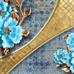 پوستر دیواری گل آبی سه بعدی با خطوط طلایی