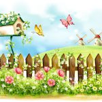 پوستر دیواری فانتزی باغ گل و پروانه
