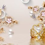 پوستر دیواری رمانتیک با گل‌های طلایی سه‌بعدی و قوهای عاشق قلبی‌شکل