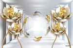 پوستر دیواری گل طلایی سه‌بعدی | طرح راهروی بی‌نهایت با ماهی‌های لوکس