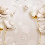 پوستر دیواری گل سه بعدی سفید طلایی با گل‌های برجسته و پروانه