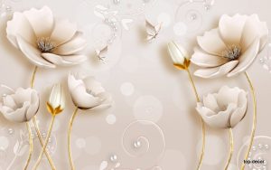 پوستر دیواری گل سه بعدی سفید طلایی با گل‌های برجسته و پروانه