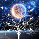 پوستر دیواری سه‌بعدی طرح کهکشان و درخت | شب‌تاب، اکلیلی و مخمل
