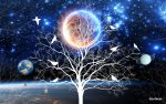 پوستر دیواری سه‌بعدی طرح کهکشان و درخت | شب‌تاب، اکلیلی و مخمل