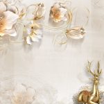 پوستر دیواری لوکس گل سه‌بعدی و گوزن طلایی کلاسیک