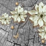 پوستر دیواری گل سفید سه‌بعدی لوکس با زمینه چوبی