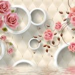 پوستر دیواری سه‌بعدی گل رز صورتی و حلقه‌های دکوراتیو