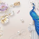 پوستر دیواری طاووس سه‌بعدی لوکس | طرح طاووس آبی با گل‌های برجسته