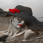 پوستر دیواری سه بعدی چهره زن با کلاه مشکی و پروانه‌ها | طرح هنری مدرن