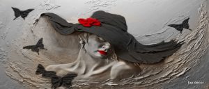 پوستر دیواری سه بعدی چهره زن با کلاه مشکی و پروانه‌ها | طرح هنری مدرن