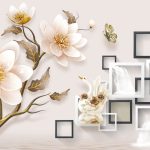 پوستر دیواری سه‌بعدی طرح گل داوودی و قو لوکس