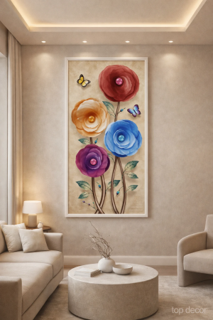 پوستر دیواری گل سه‌بعدی رنگارنگ با نگین | طرح لوکس و چشم‌نواز