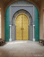 پوستر دیواری طرح درِ طلایی مراکشی با کاشی‌کاری اسلامی