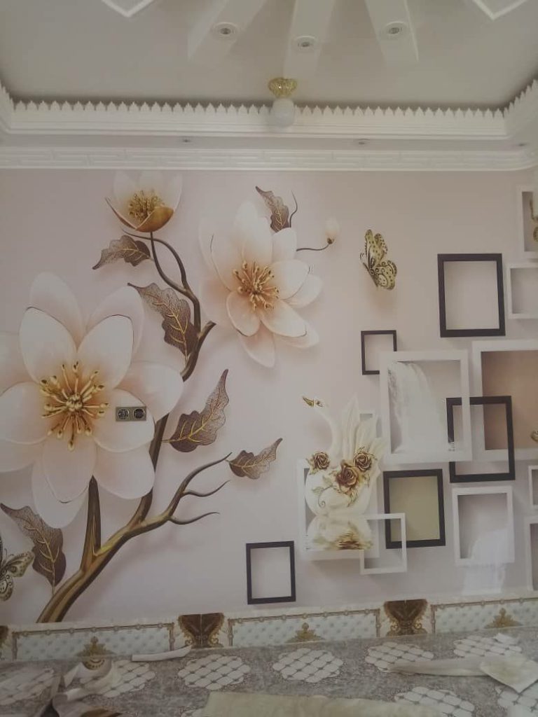 پوستر دیواری سه بعدی طرح گل داوودی مصنوعی و قو