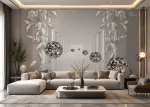 پوستر دیواری سه بعدی طرح راهرو بی‌نهایت با گوی‌های هندسی و گل‌های گچی - Image 2