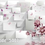 پوستر دیواری سه‌بعدی مکعب و گل بنفش