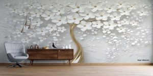 پوستر دیواری سه بعدی طرح درخت طلایی و شکوفه سفید