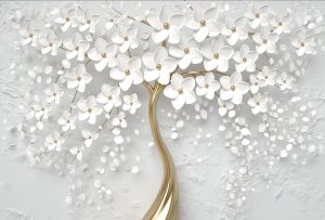 پوستر دیواری سه بعدی طرح درخت طلایی و شکوفه سفید