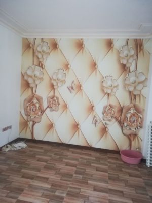 پوستر دیواری سه بعدی طرح گل مصنوعی و پروانه طلایی