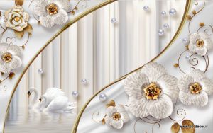 پوستر دیواری طرح گل مصنوعی سفید قو و گوی سفید