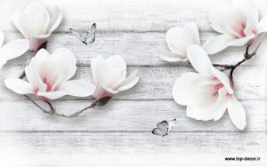 پوستر دیواری طرح چوب رنگ سفید طوسی و گل