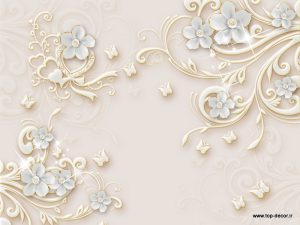 پوستر دیواری طرح گل مصنوعی سفید پنج پر و بوته های مارپیچ