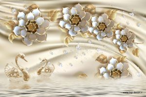 پوستر دیواری طرح گل مصنوعی سفید و قو طلایی