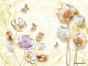 پوستر دیواری طرح گل مصنوعی بنفش طلایی و زمینه زرد