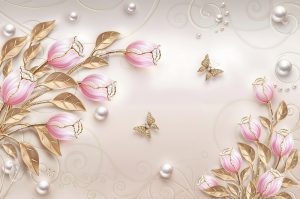 پوستر دیواری طرح گل لاله صورتی برگ طلایی