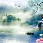 پوستر دیواری طرح نقاشی طبیعت دریا آلاچیق چینی