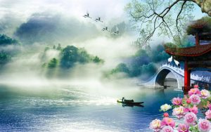 پوستر دیواری طرح نقاشی طبیعت دریا آلاچیق چینی