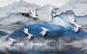 پوستر دیواری طرح نقاشی آبرنگی کوه و پرنده