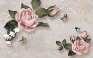 پوستر دیواری طرح نقاشی گل رز گلبهی و پروانه