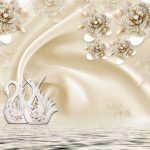 پوستر دیواری طرح گل مصنوعی نگینی طلایی و قو سفید