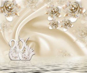 پوستر دیواری طرح گل مصنوعی نگینی طلایی و قو سفید