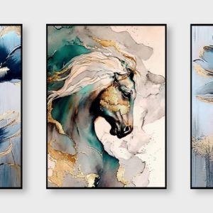 پوستر دیواری طرح تابلو سه تیکه نقاشی اسب و گل