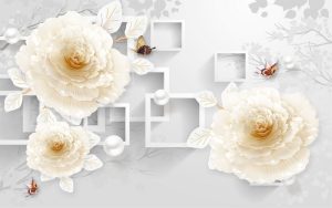 پوستر دیواری طرح گل آلاله سفید و پروانه