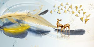 پوستر دیواری طرح پر طوسی طلایی و گوزن طلایی